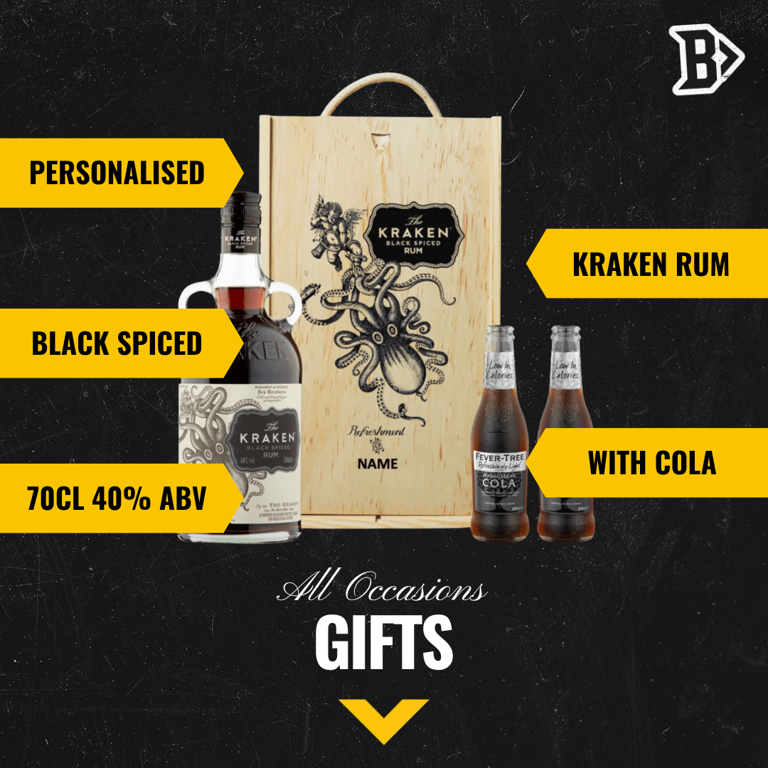 Personalised Kraken Black Spiced Rum Gift Box with Fever Tree  Cola - 70cl - 40% ABV - BEERHUNTER