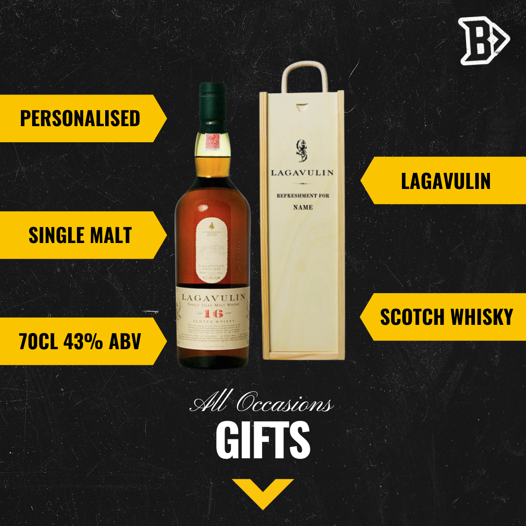Personalised Lagavulin Single Malt Scotch Whisky Gift Set in Wooden Box - 43% ABV (70cl) - BEERHUNTER