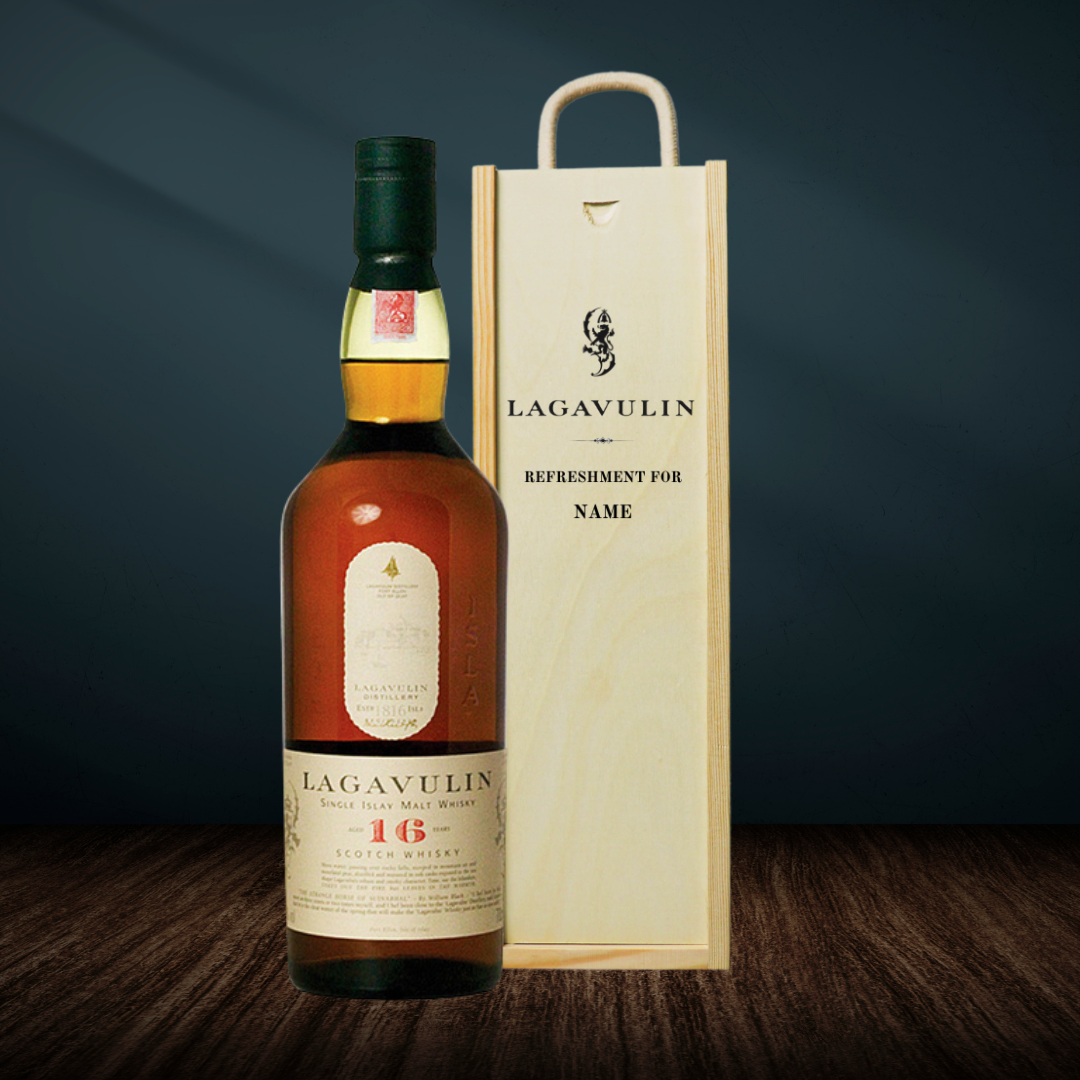 Personalised Lagavulin Single Malt Scotch Whisky Gift Set in Wooden Box - 43% ABV (70cl) - BEERHUNTER