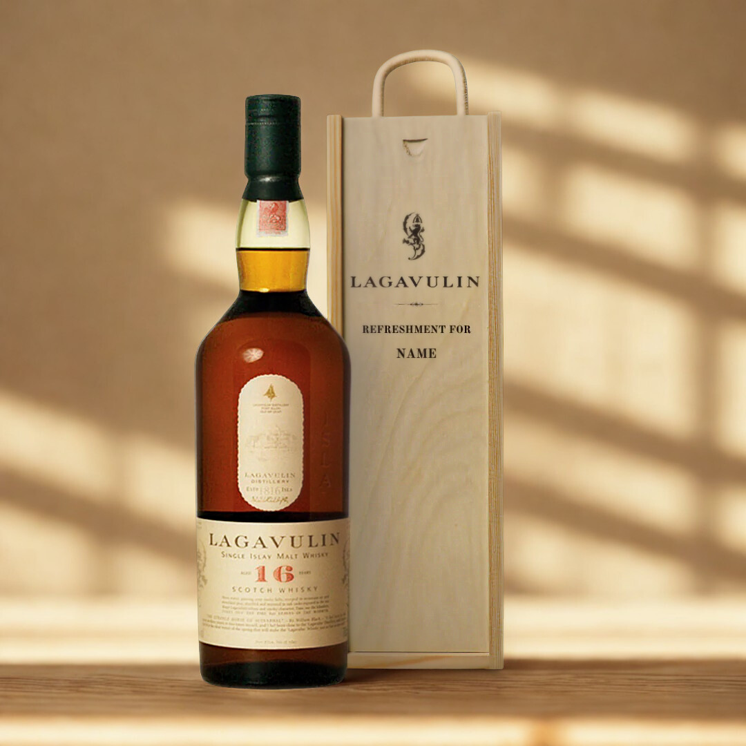 Personalised Lagavulin Single Malt Scotch Whisky Gift Set in Wooden Box - 43% ABV (70cl)