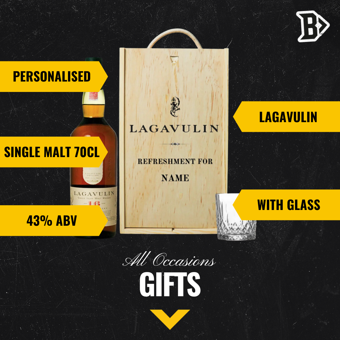 Personalised Lagavulin Single Malt Scotch Whisky with Glass Gift Set in Wooden Box - 43% ABV (70cl) - BEERHUNTER