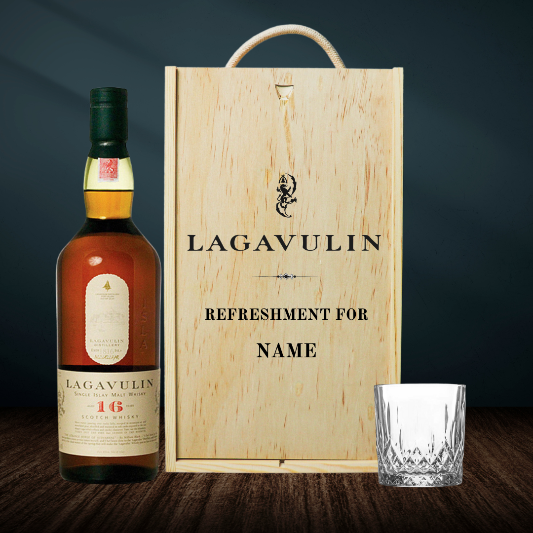 Personalised Lagavulin Single Malt Scotch Whisky with Glass Gift Set in Wooden Box - 43% ABV (70cl) - BEERHUNTER