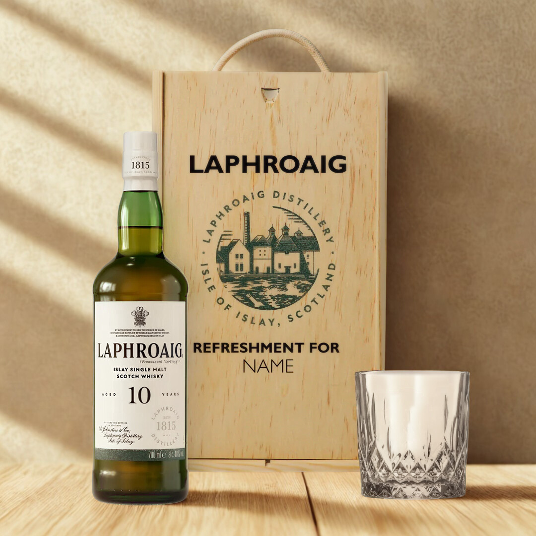 Personalised Laphroaig 10 Year Old Single Malt Scotch Whiskey Gift Set - 70cl (40% ABV)