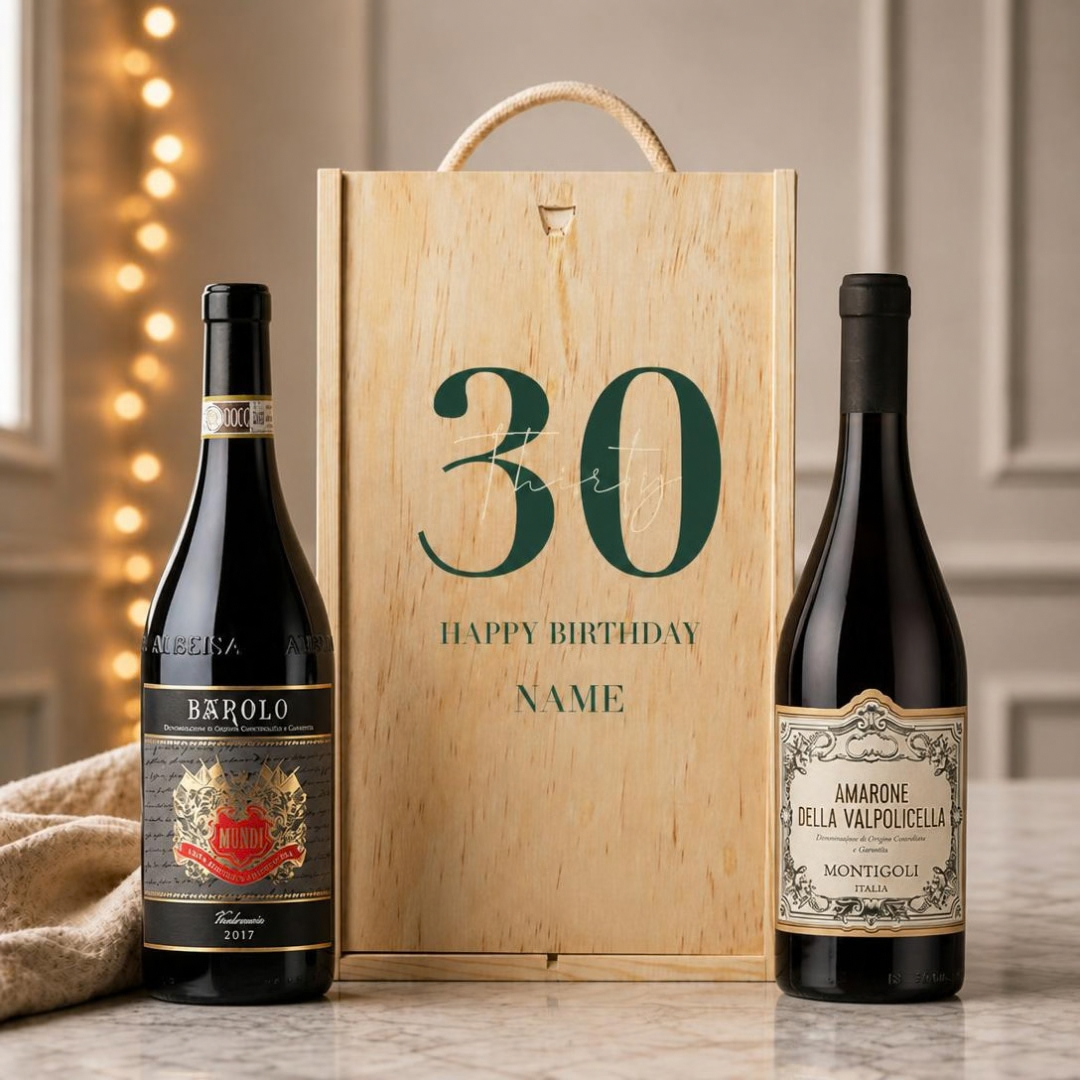 Personalised Luxury Montigoli Amarone della Valpolicella &amp; Cucco Barolo Red Wine Happy Birthday Gift Set