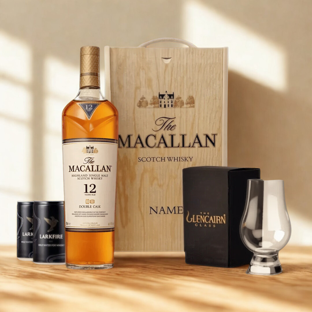 Personalised Macallan 12 Year Double Cask Scotch Whisky Gift Set with Glencairn Glass &amp; Larkfire Whisky Water