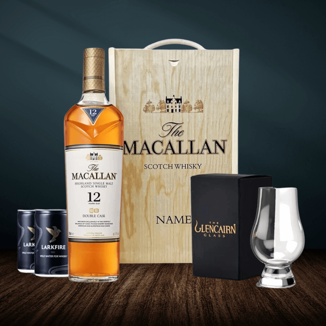 Personalised Macallan 12 Year Double Cask Scotch Whisky Gift Set with Glencairn Glass &amp;amp; Larkfire Whisky Water - BEERHUNTER