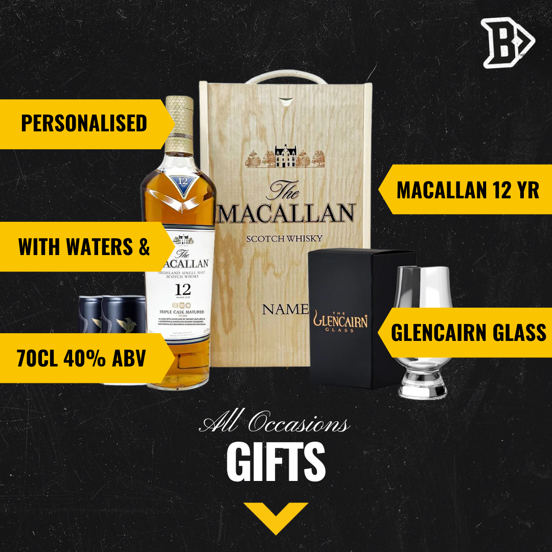 Personalised Macallan 12 Year Double Cask Scotch Whisky Gift Set with Glencairn Glass &amp; Larkfire Whisky Water - BEERHUNTER