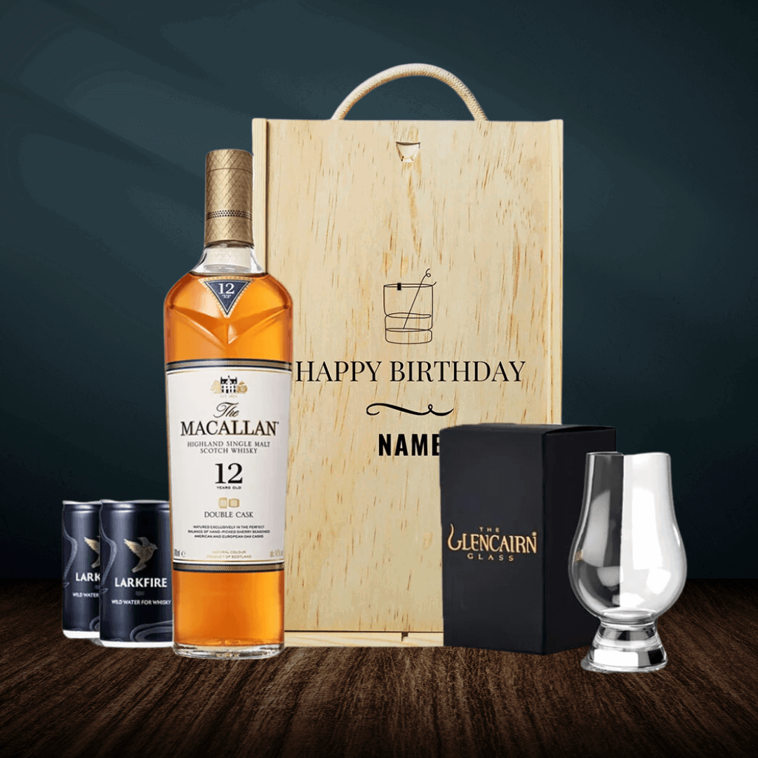 Personalised Macallan 12 Year Double Cask Scotch Whisky Happy Birthday Gift Set with Glencairn Glass &amp; Larkfire Whisky Water - BEERHUNTER