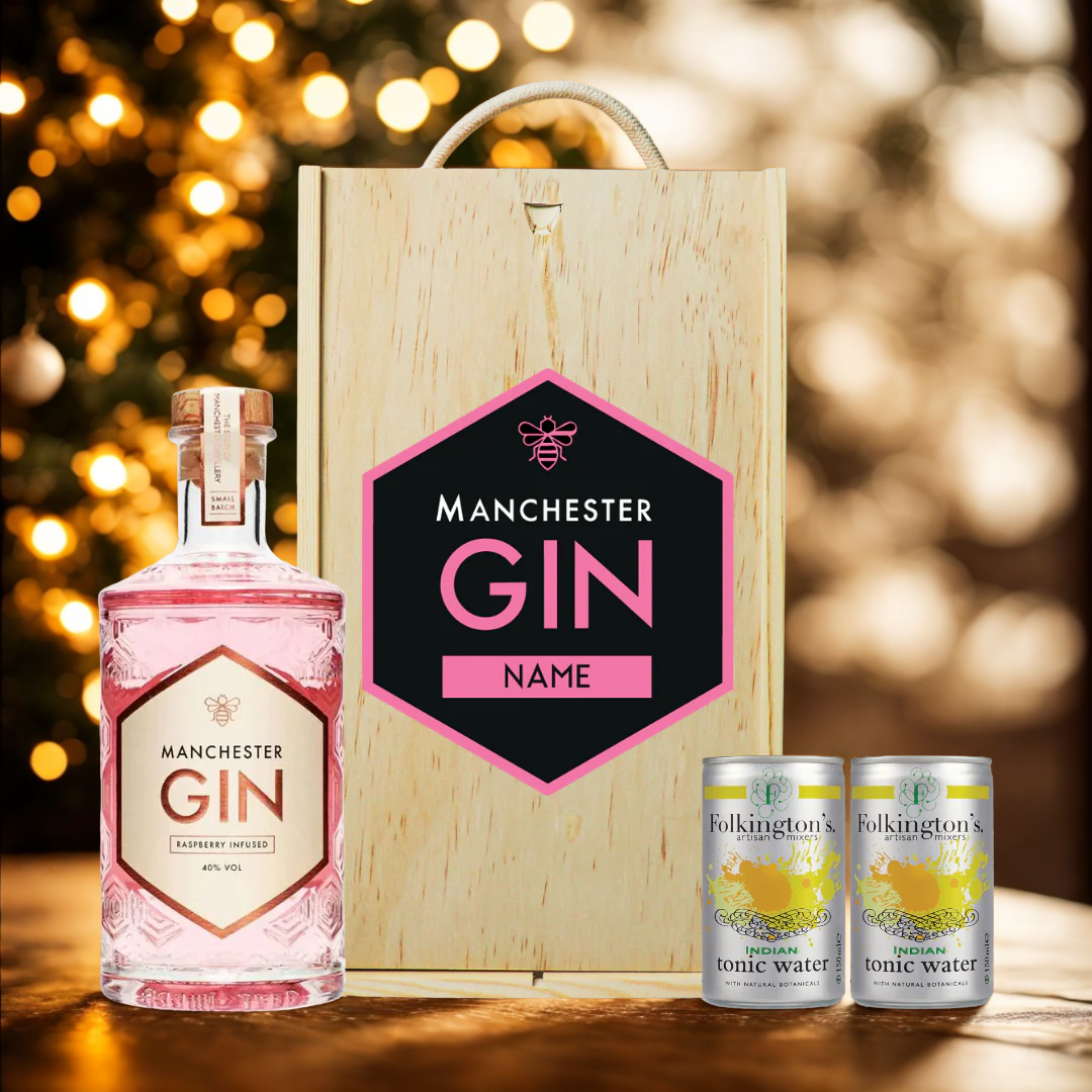 Personalised Manchester Gin Raspberry Infused Gift Set with Folkingtons Tonics 50cl - (40% ABV)