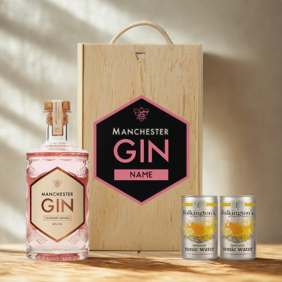 Personalised Manchester Gin Raspberry Infused Gift Set with Folkingtons Tonics 50cl - (40% ABV)