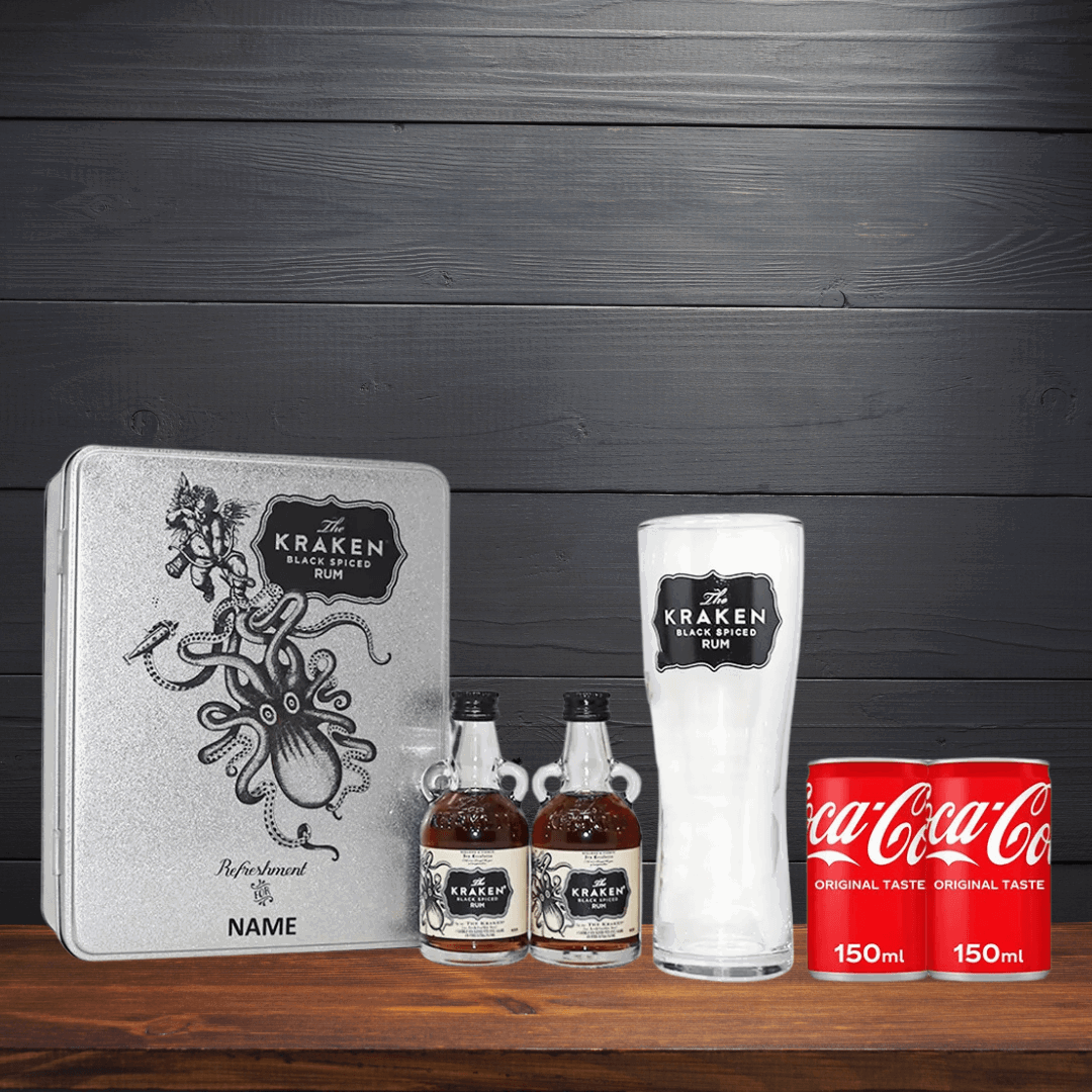 Personalised Miniature Kraken Spiced Rum Tin Gift Set with Branded Kraken Glass - BEERHUNTER