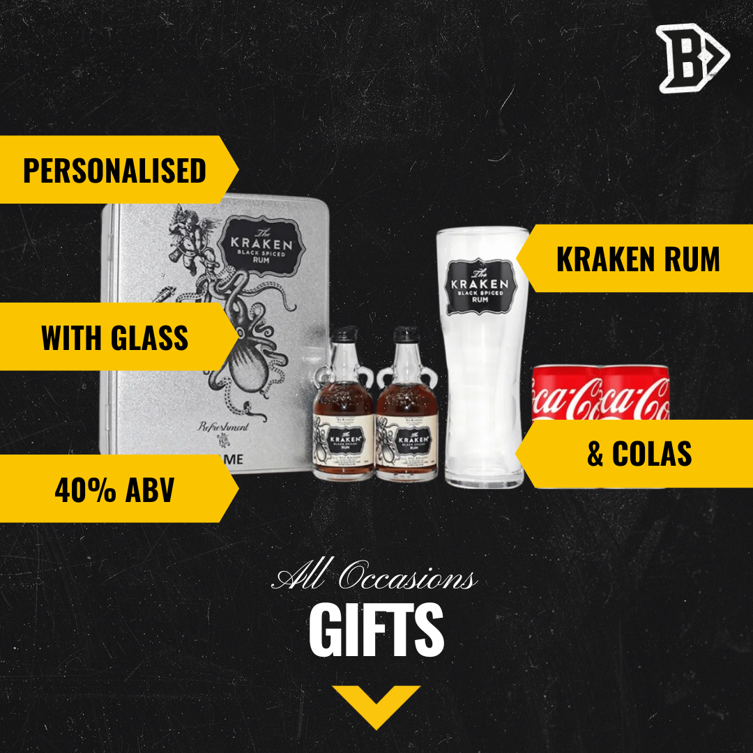 Personalised Miniature Kraken Spiced Rum Tin Gift Set with Branded Kraken Glass - BEERHUNTER