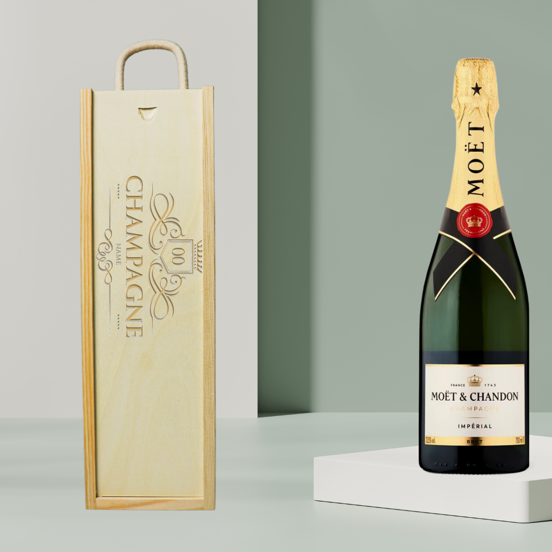 Personalised Moet &amp; Chandon Champagne Gift Set in Wooden Presentation Gift Box - 75cl - BEERHUNTER