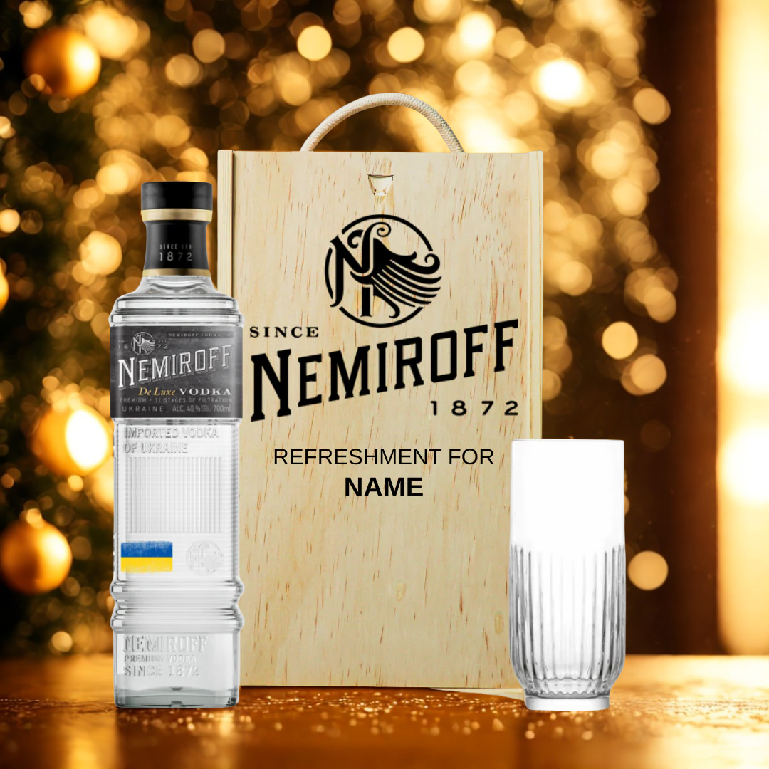 Personalised Nemiroff Vodka Gift Set with Glass & Wooden Box – 70cl