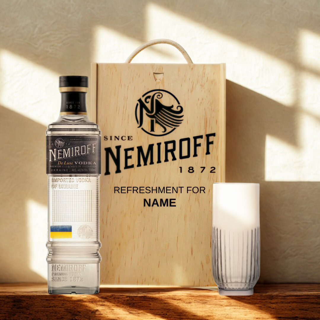Personalised Nemiroff Vodka Gift Set with Glass & Wooden Box – 70cl