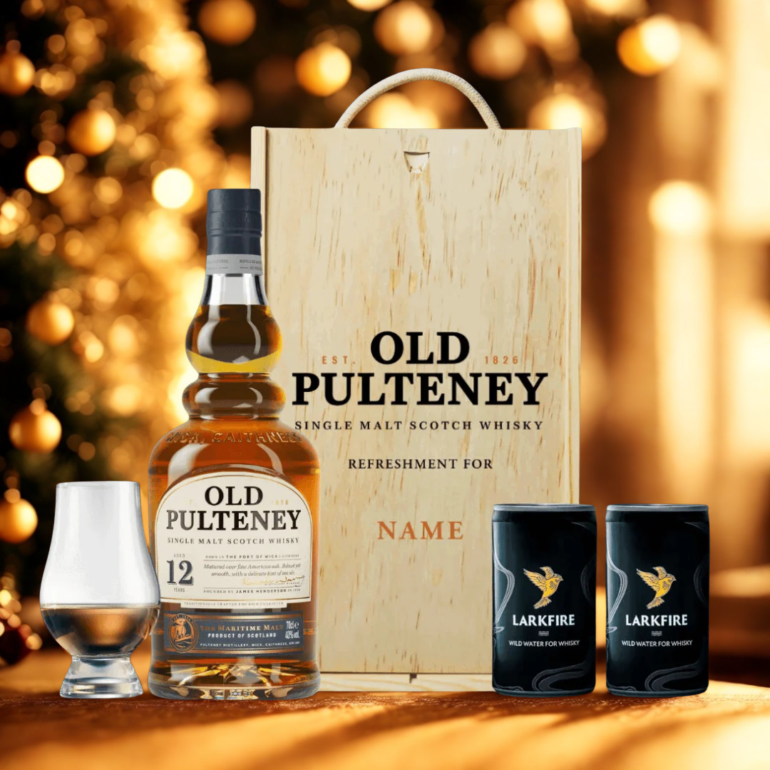 Personalised Old Pulteney 70cl Whiskey in a Wooden Box With Glencairn Glass and 2 Larkfire Water (46% ABV)