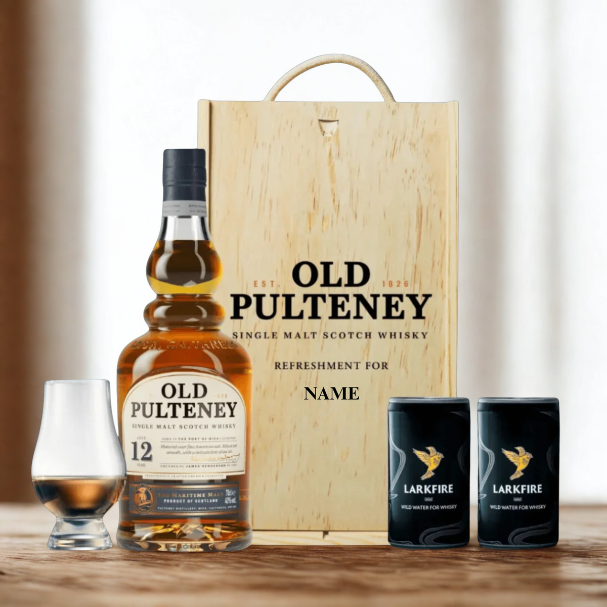 Personalised Old Pulteney 70cl Whiskey in a Wooden Box With Glencairn Glass and 2 Larkfire Water (46% ABV)