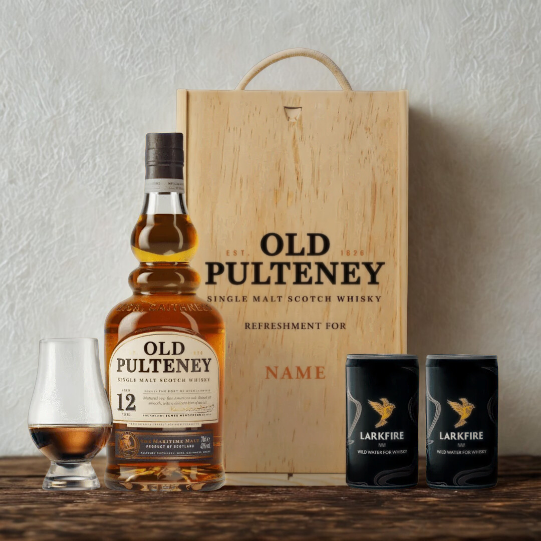 Personalised Old Pulteney 70cl Whiskey in a Wooden Box With Glencairn Glass and 2 Larkfire Water (46% ABV)