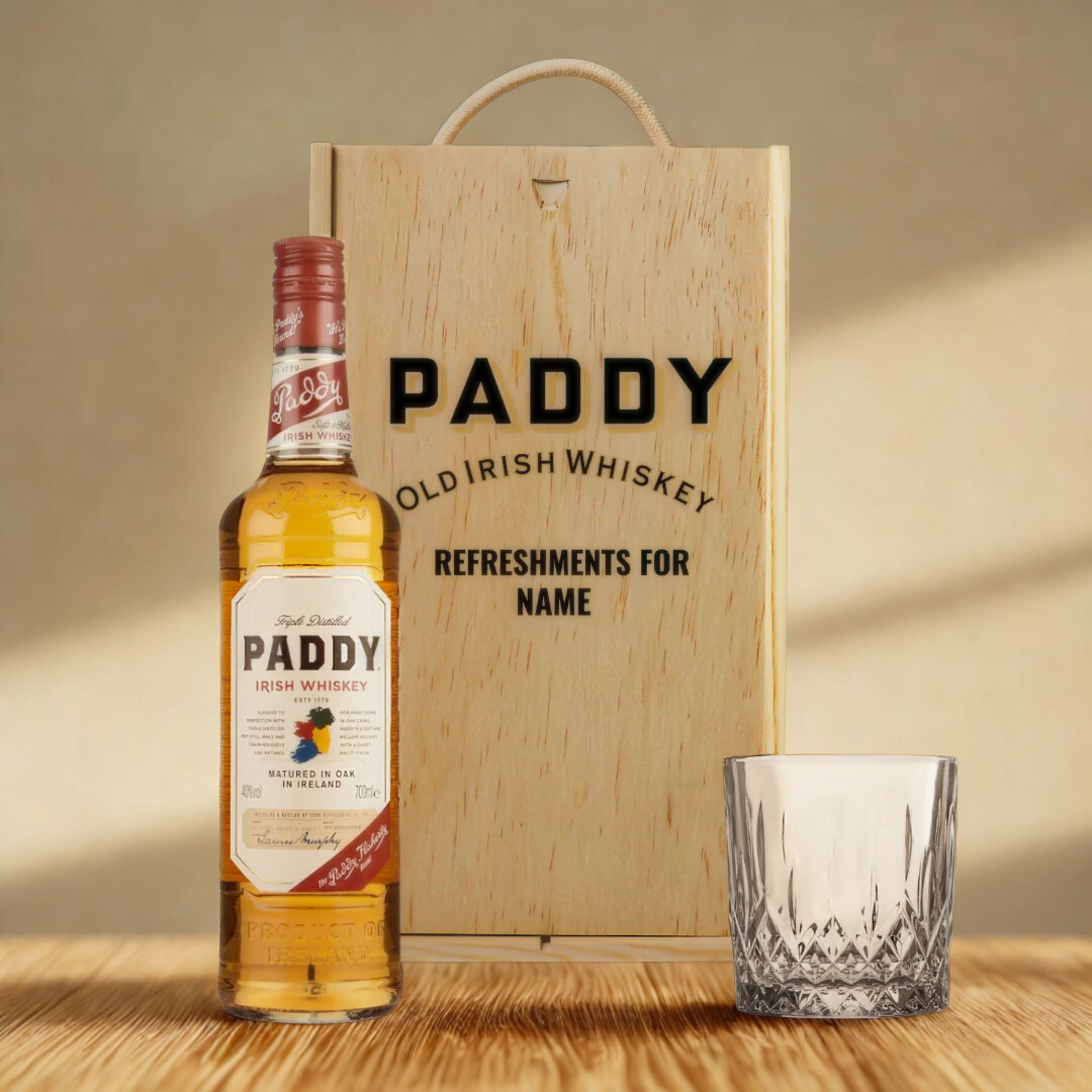 Personalised Paddy Irish Whiskey Gift Set in Wooden Box – 70cl (40% ABV)