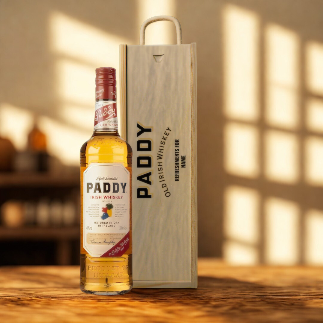 Personalised Paddy Irish Whiskey Gift Set in Wooden Box – 70cl (40% ABV)