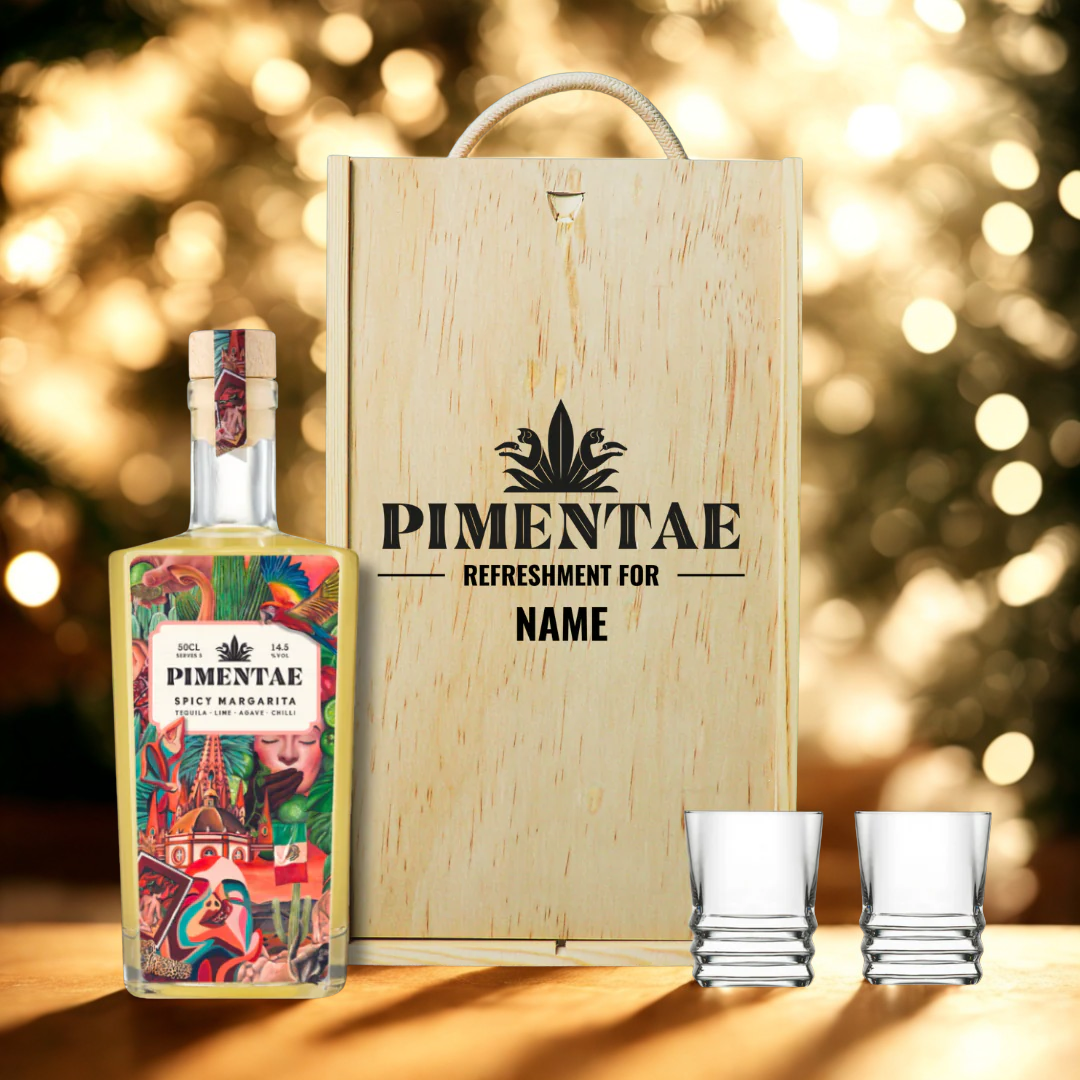 Personalised Pimentae Spicy Margarita Tequila with Shot Glasses Gift Set - 50cl (14.5% ABV)