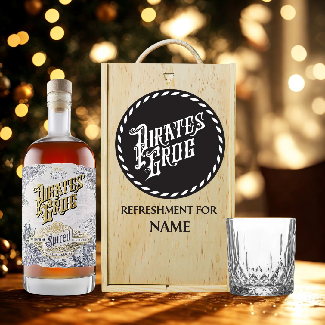 Personalised Pirate&#39;s Grog Spiced Rum with Glass in Wooden Box Gift Set