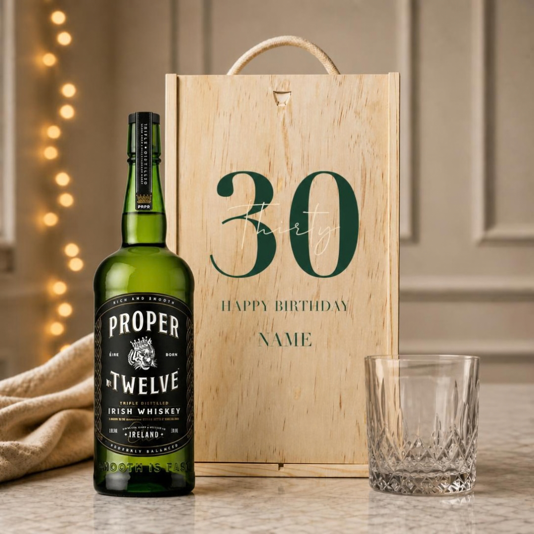 Personalised Proper No.12 Irish Whiskey Happy Birthday Gift Box with Whisky Glass 70cl - 40% ABV