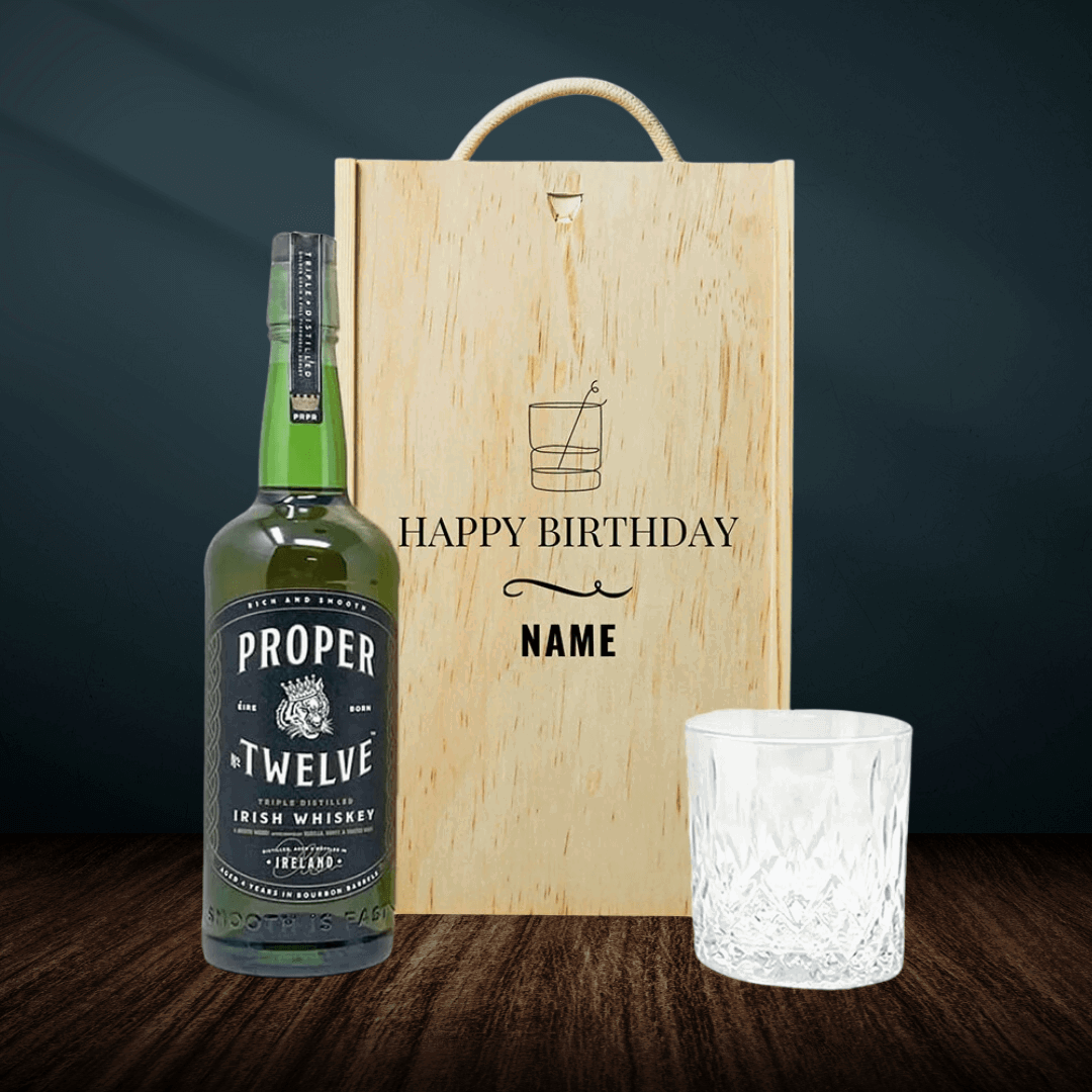 Personalised Proper No.12 Irish Whiskey Happy Birthday Gift Box with Whisky Glass 70cl - 40% ABV - BEERHUNTER