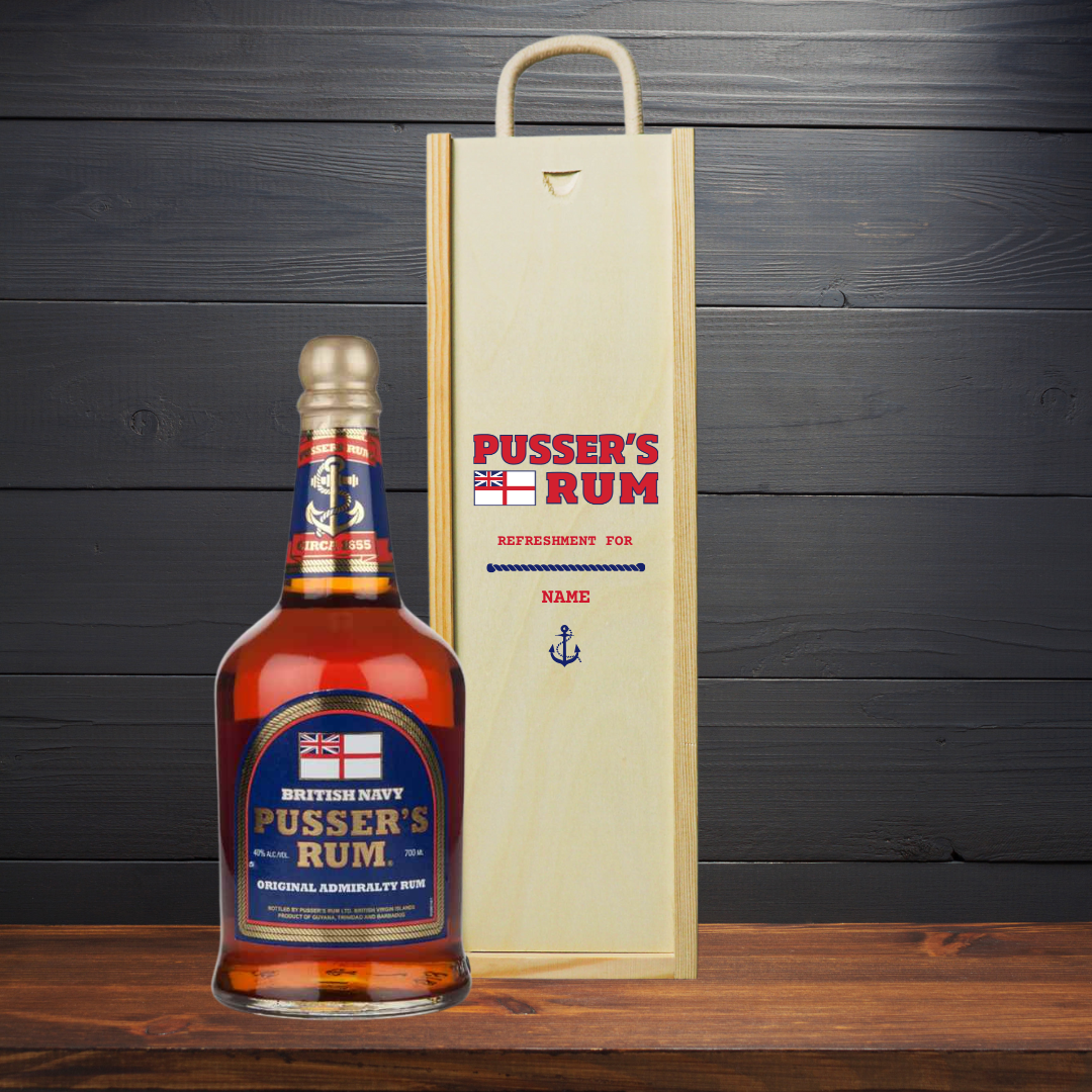 Personalised Pusser's Rum Gift Set in Wooden Box - 40% ABV (70c) - BEERHUNTER