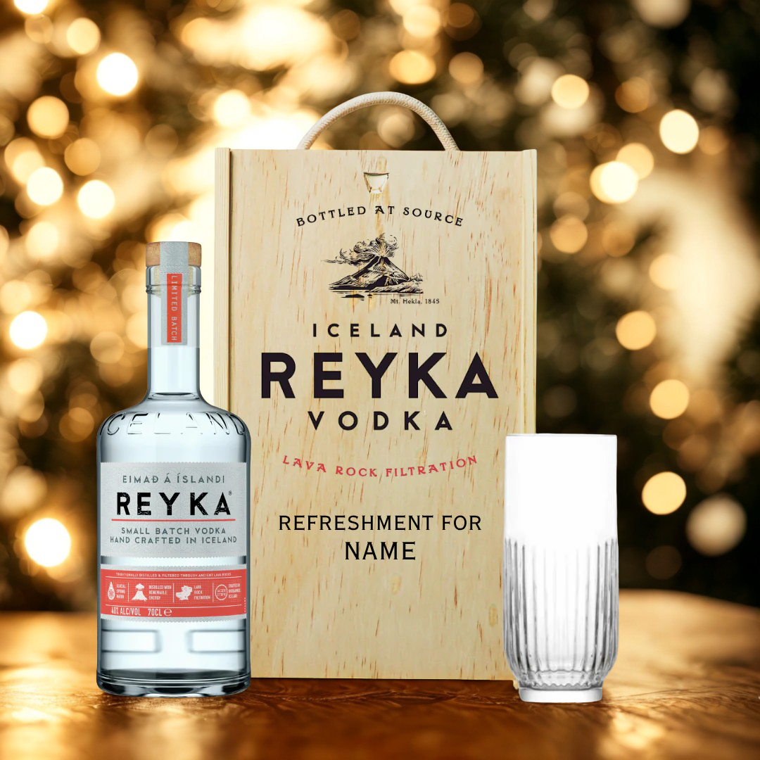 Personalised Reyka Vodka Gift Set with Glass & Wooden Box – 70cl