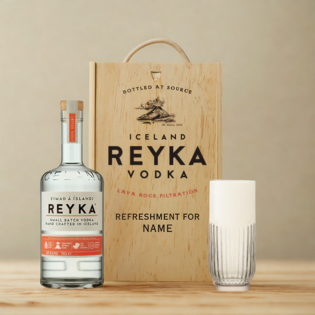 Personalised Reyka Vodka Gift Set with Glass &amp; Wooden Box – 70cl