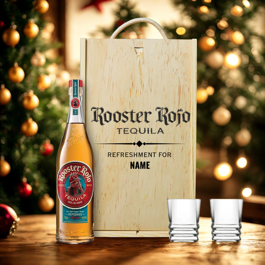 Personalised Rooster Rojo Tequila Gift Set with Shot Glasses – 70cl (38% ABV)