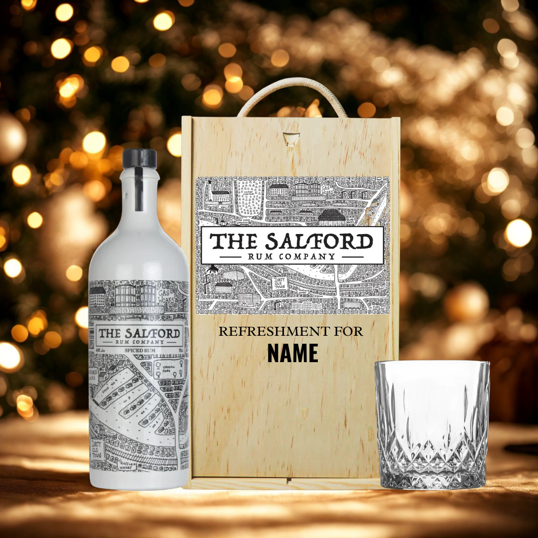 Personalised Salford Rum Spiced with Glass in Wooden Box Gift Set