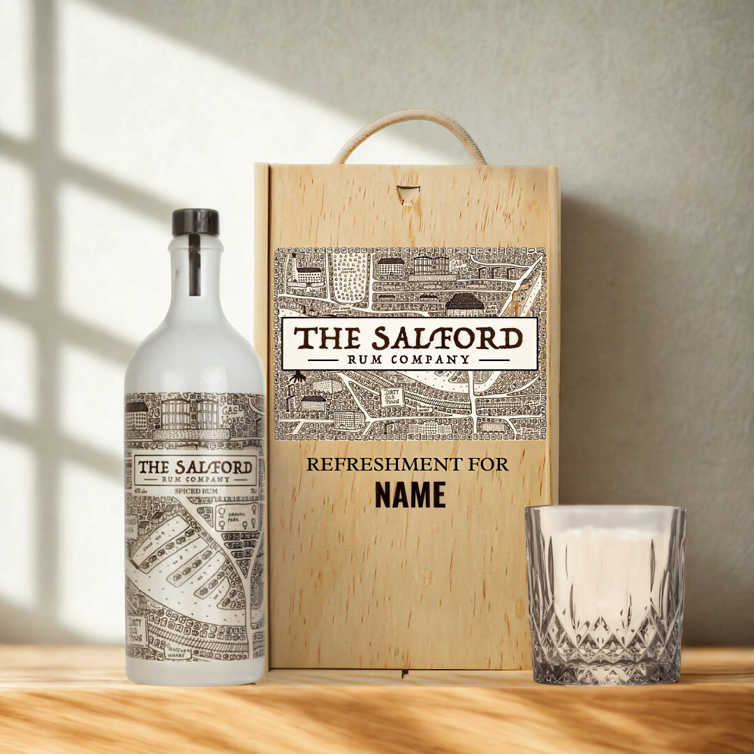 Personalised Salford Rum Spiced with Glass in Wooden Box Gift Set