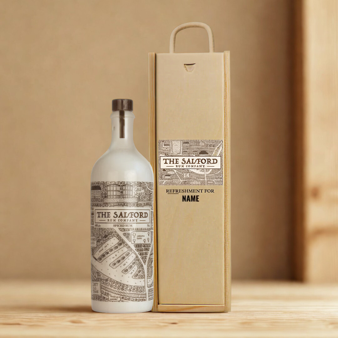 Personalised Salford Spiced Rum Gift Set in Wooden Box – 70cl