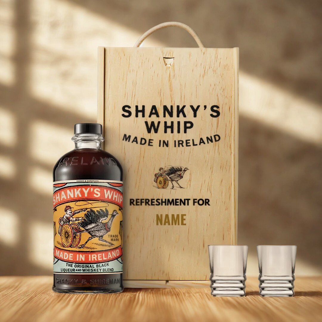 Personalised Shanky's Whip Black Irish Whisky Liqueur with Shot Glasses Gift Set - 70cl (35% ABV)