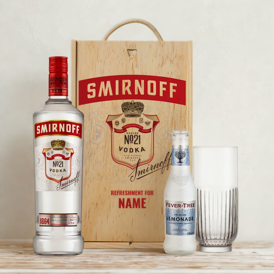 Personalised Smirnoff Vodka Gift Set Triple Distilled Gift Set with Rocks Glass &amp; Fever Tree Lemonade - 70cl (37.5% ABV)