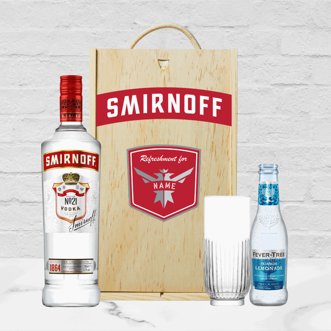 Personalised Smirnoff Vodka Gift Set Triple Distilled Gift Set with Rocks Glass &amp;amp; Fever Tree Lemonade - 70cl (37.5% ABV) - BEERHUNTER