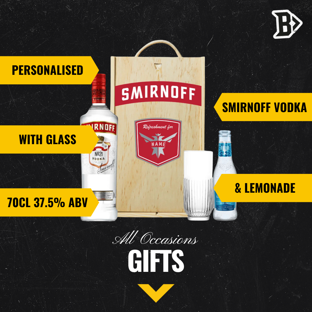 Personalised Smirnoff Vodka Gift Set Triple Distilled Gift Set with Rocks Glass &amp; Fever Tree Lemonade - 70cl (37.5% ABV) - BEERHUNTER