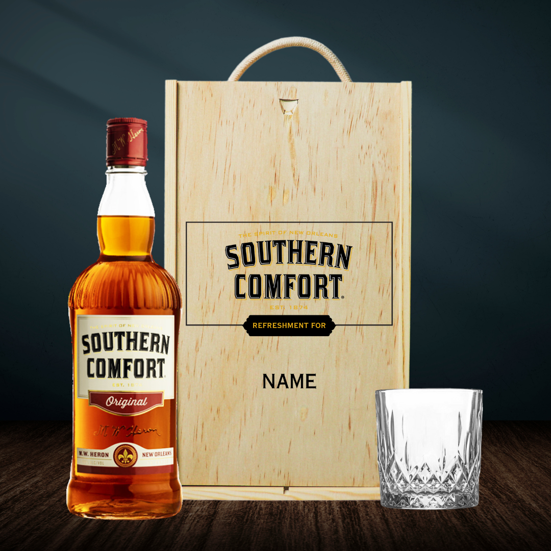 Personalised Southern Comfort 70cl Whiskey in Wooden Box with Glass (35% ABV) - BEERHUNTER