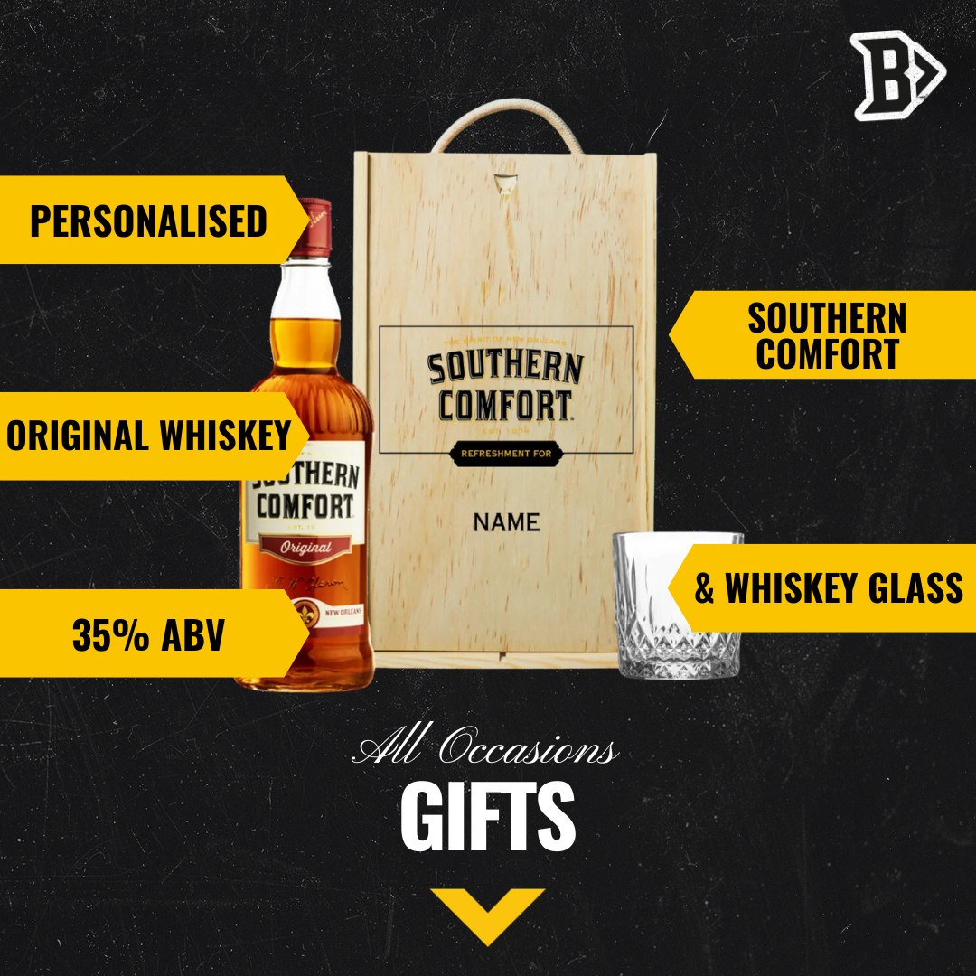 Personalised Southern Comfort 70cl Whiskey in Wooden Box with Glass (35% ABV) - BEERHUNTER