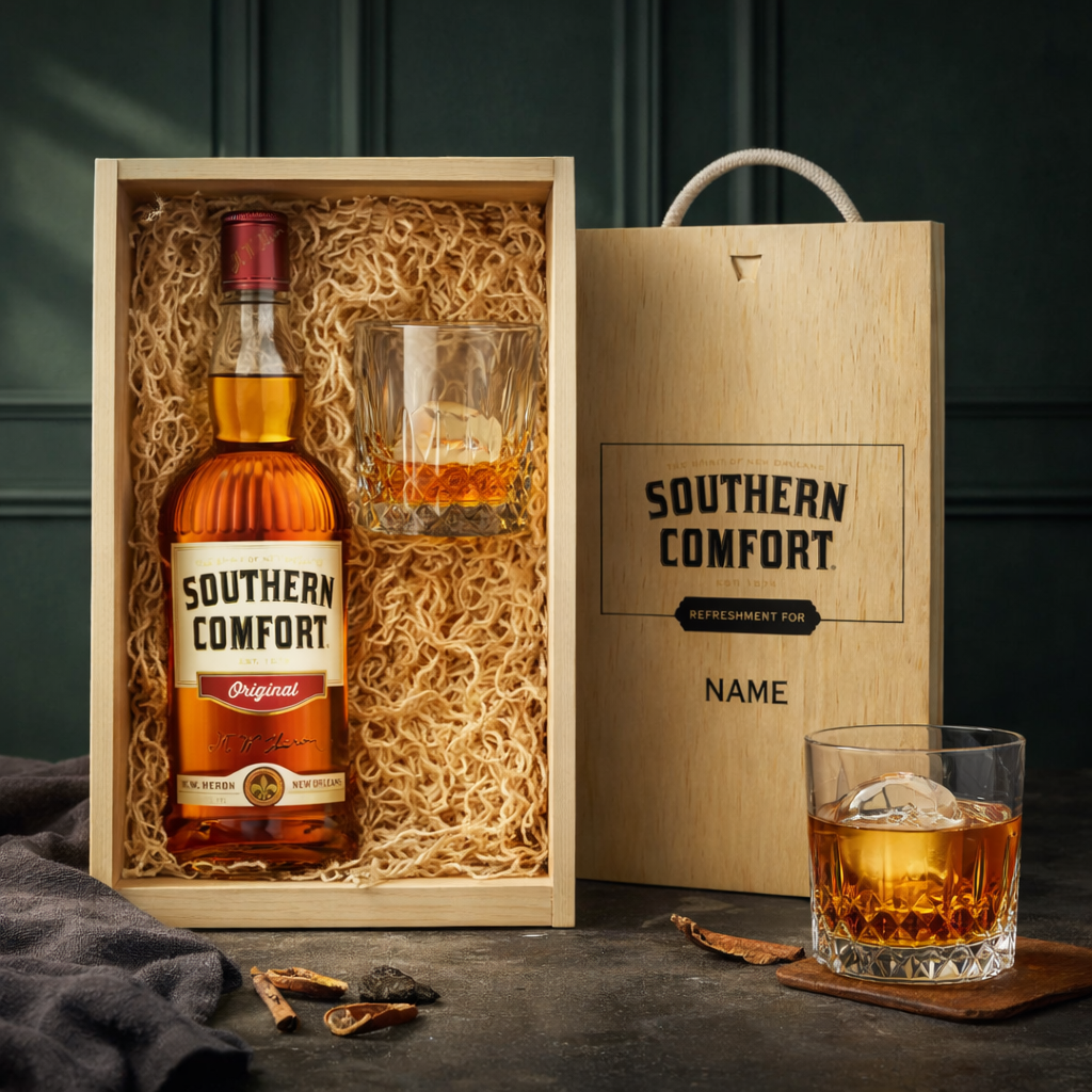 Personalised Southern Comfort 70cl Whiskey in Wooden Box with Glass (35% ABV)