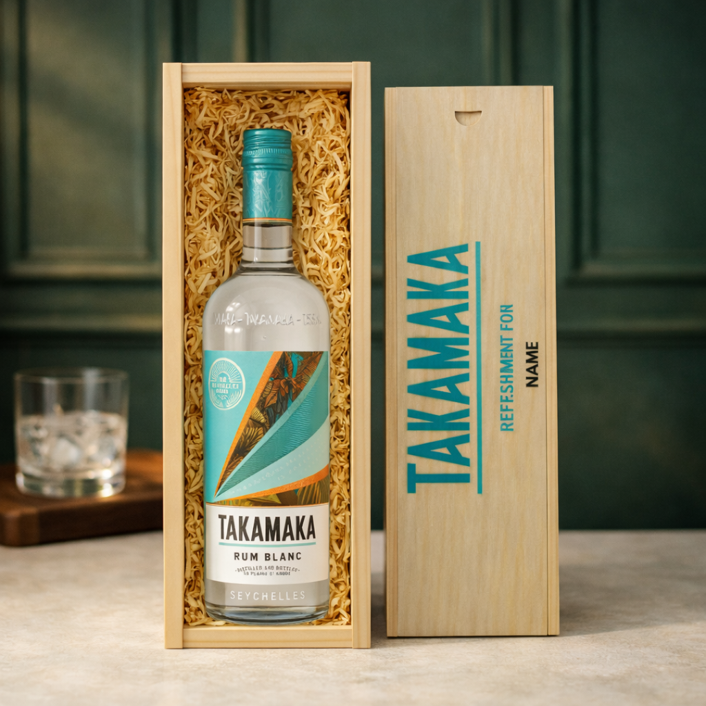 Personalised Takamaka Blanc White Rum Gift Set with Wooden Box – 70cl