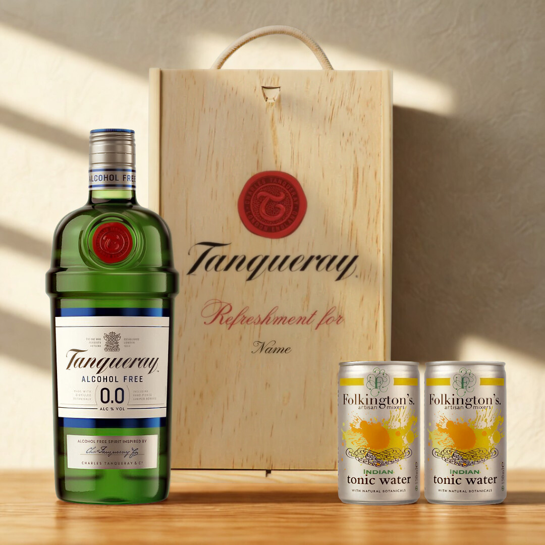Personalised Tanqueray 0.0 Alcohol-Free Gin &amp; Tonic Gift Set In Wooden Box – 0.0% ABV (70cl)