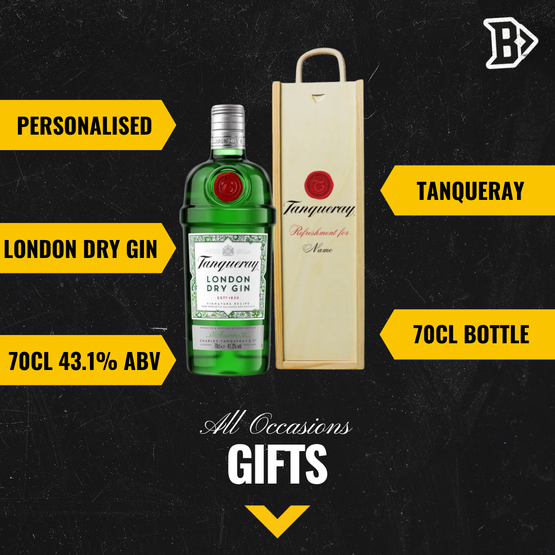 Personalised Tanqueray London Dry Gin Gift Set In Wooden Box - 47.3 ABV (70cl) - BEERHUNTER
