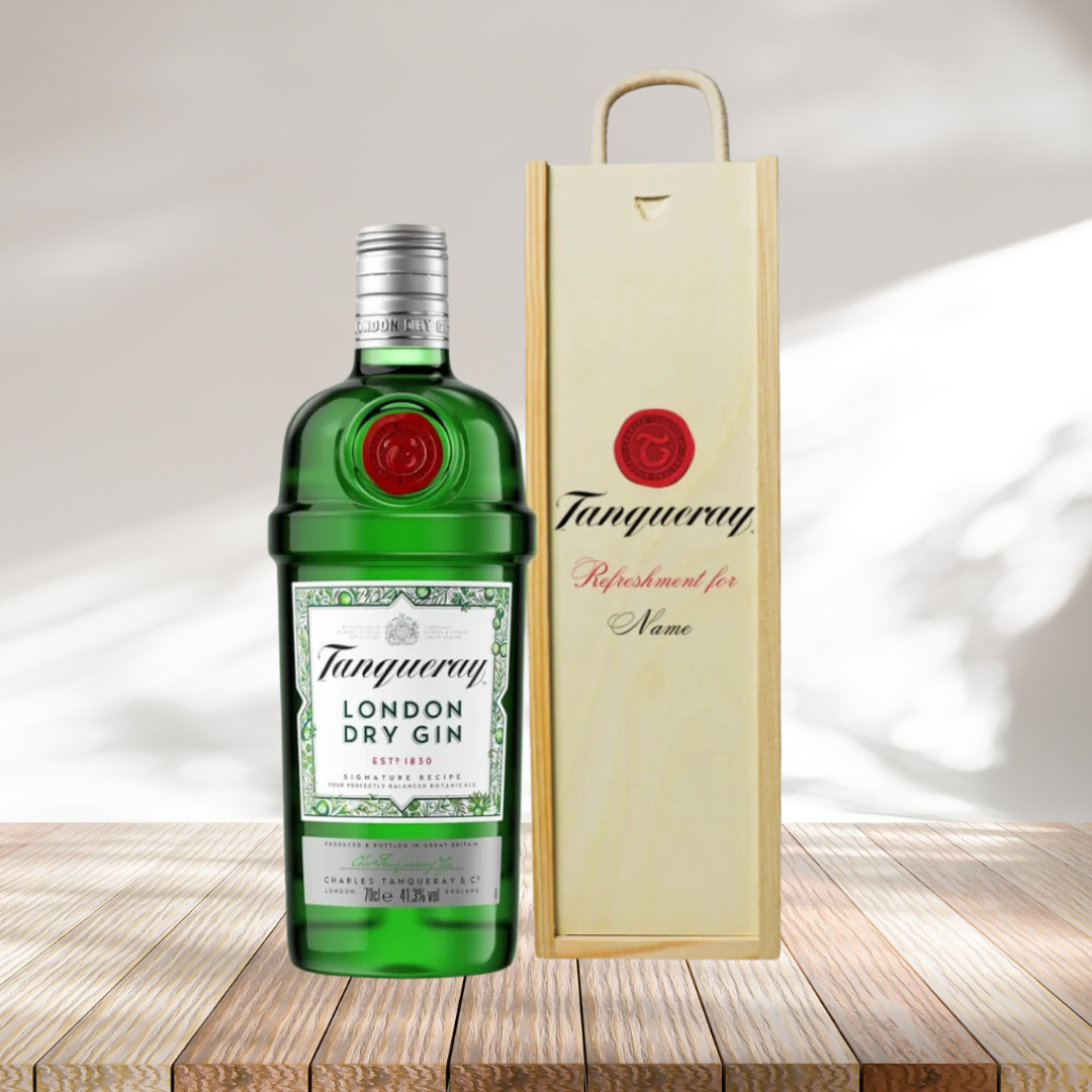 Personalised Tanqueray London Dry Gin Gift Set In Wooden Box - 47.3 ABV (70cl) - BEERHUNTER