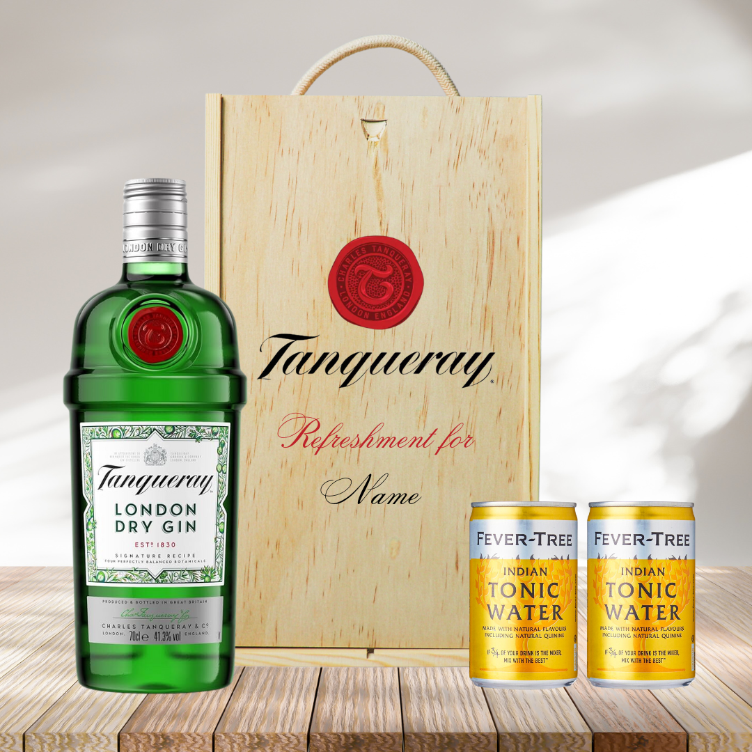 Personalised Tanqueray London Dry Gin Gift Set In Wooden Box With Fever Tree Tonic Water - 47.3 ABV (70cl) - BEERHUNTER