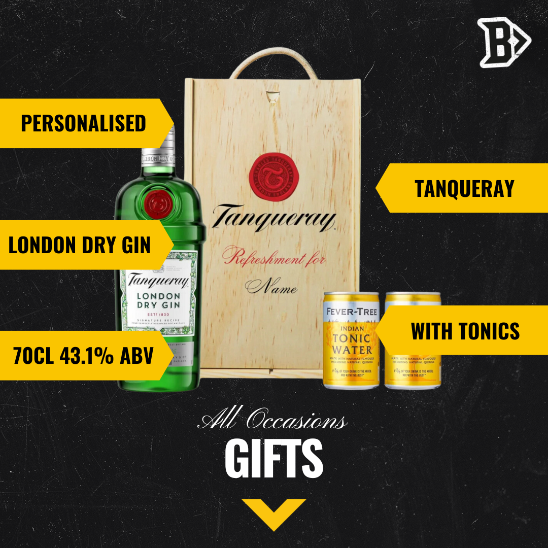 Personalised Tanqueray London Dry Gin Gift Set In Wooden Box With Fever Tree Tonic Water - 47.3 ABV (70cl) - BEERHUNTER