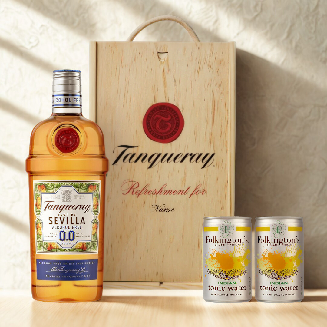Personalised Tanqueray Sevilla 0.0 Alcohol-Free Gin &amp; Tonic Gift Set In Wooden Box – 0.0% ABV (70cl)