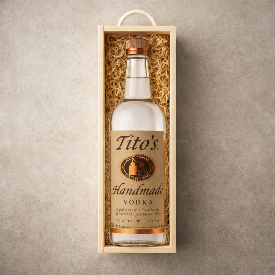 Personalised Tito’s Handmade Vodka Gift Set in Wooden Box – 70cl
